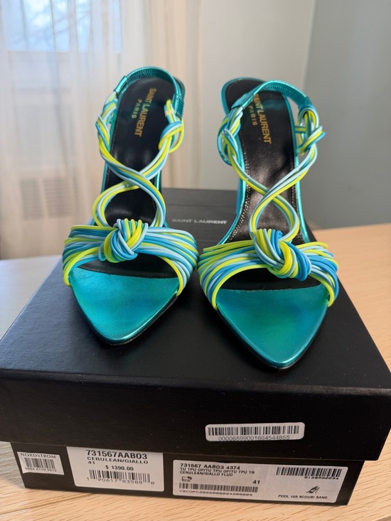 Saint Laurent Shoes - Saint Laurent Teal Sandal with Yellow & Blue Braided Straps